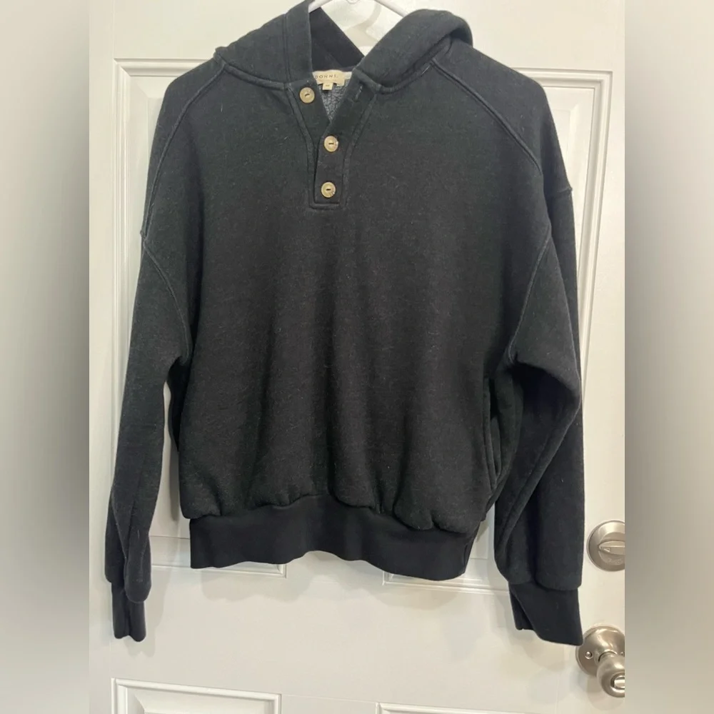 DONNI. Organic Cotton button accent Charcoal Hooded Sweatshirt Hoodie - Charcoal - Picture 2 of 9